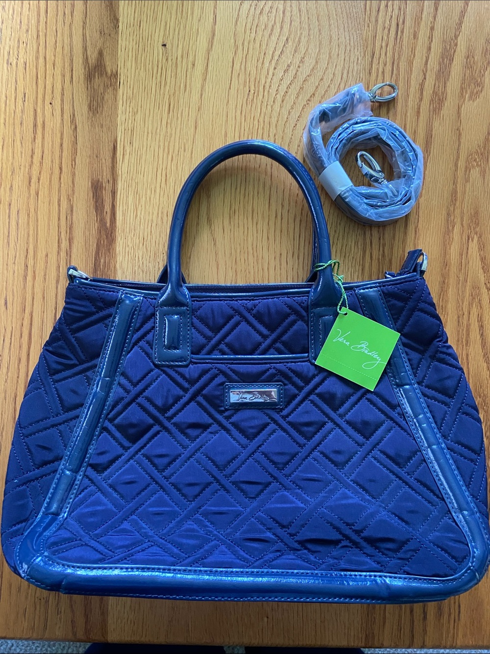 Vera Bradley Classic Navy Microfiber Trimmed Trapeze Satchel & Detachable Strap